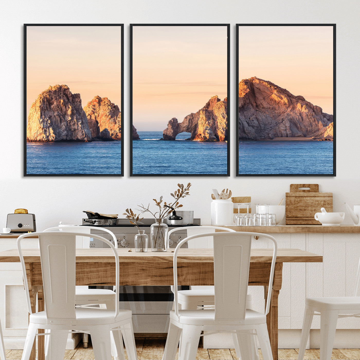 Framed canvas of El Arco rock formation in Cabo San Lucas at golden hour, ideal for coastal landmark or ocean-inspired decor.