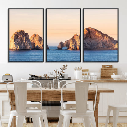 Framed canvas of El Arco rock formation in Cabo San Lucas at golden hour, ideal for coastal landmark or ocean-inspired decor.