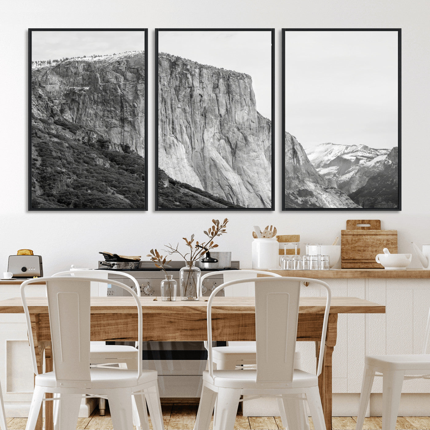 Monochrome canvas of El Capitan’s granite wall in Yosemite with snowy peaks, ideal for dramatic mountain or black-and-white nature decor.