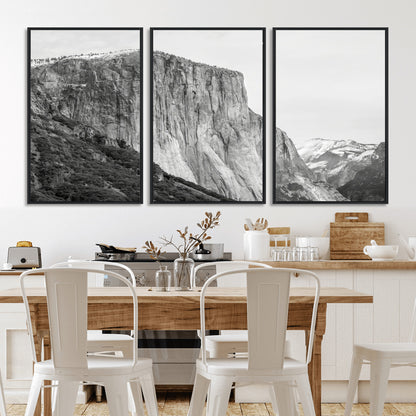 Monochrome canvas of El Capitan’s granite wall in Yosemite with snowy peaks, ideal for dramatic mountain or black-and-white nature decor.