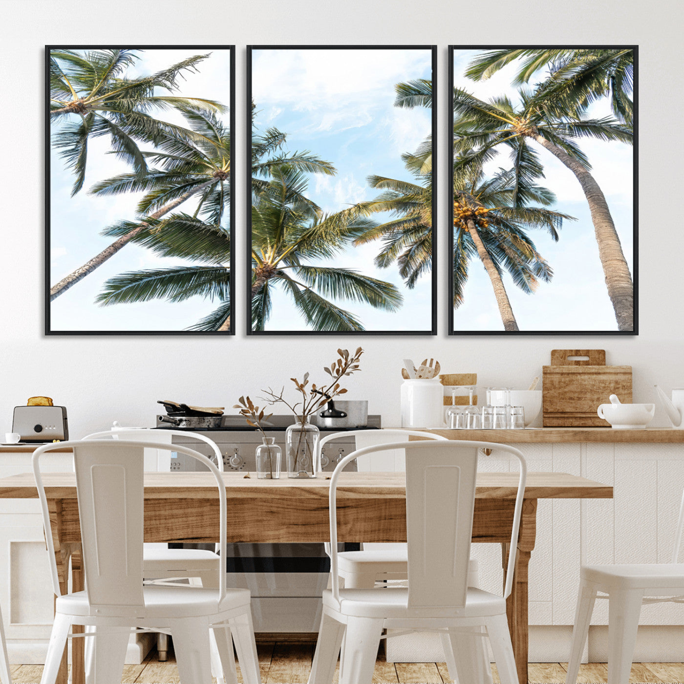 Framed canvas of tall palm trees reaching into a tropical sky, ideal for beach home or relaxed island-inspired wall decor.
