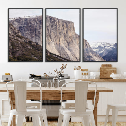 Framed canvas of El Capitan’s vertical granite face in Yosemite with snowy peaks, ideal for Sierra minimalism or mountain-inspired decor.