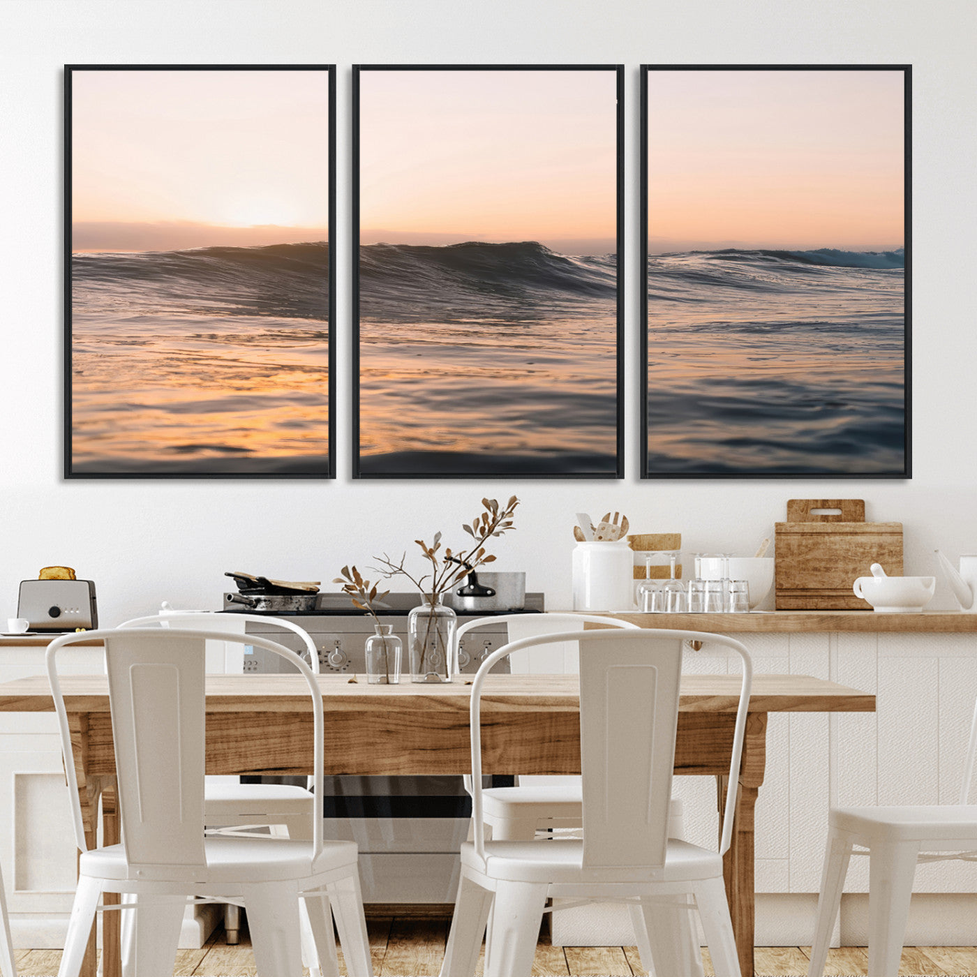 Framed canvas of ocean waves glowing in sunset light, ideal for golden hour calm or peaceful coastal-inspired wall decor.