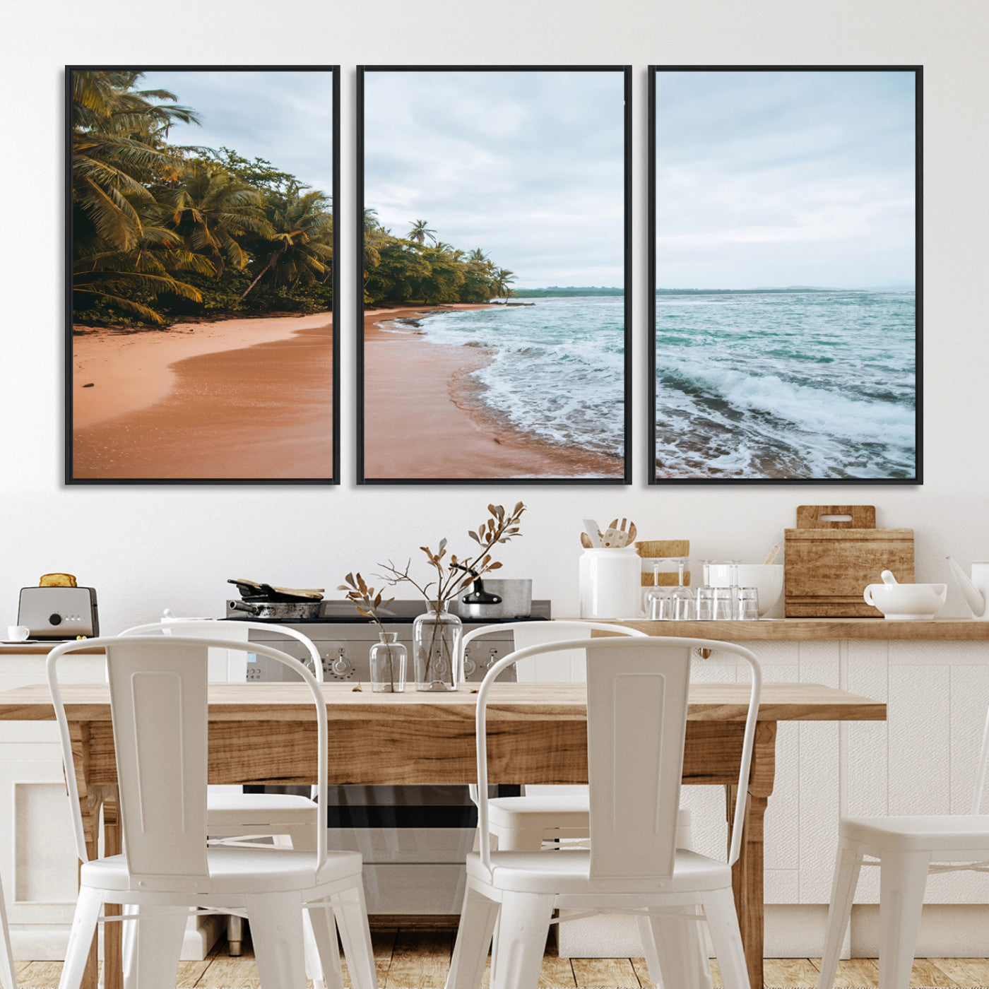 Framed canvas of a tropical beach with palm trees and soft waves, ideal for coastal escape or serene nature-inspired home decor.