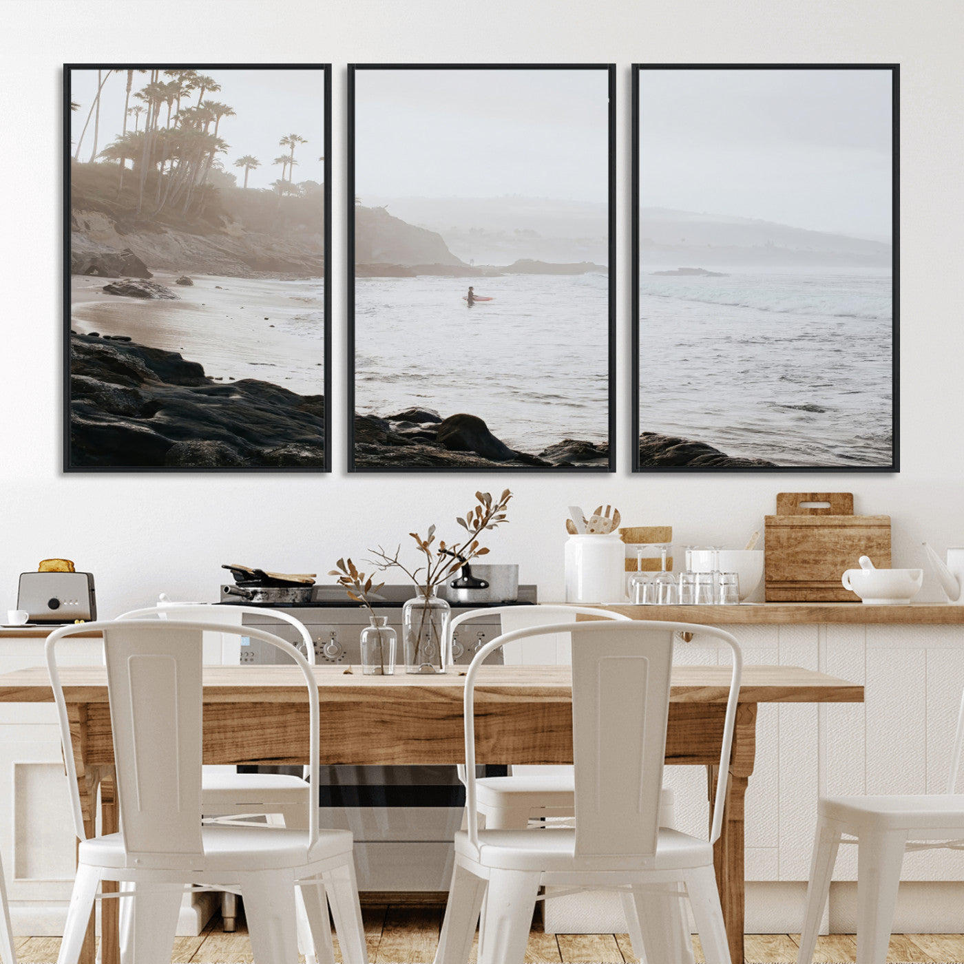 Framed canvas of a surfer in misty coastal tones at a foggy California beach, ideal for minimalist coastal beach or serene ocean-themed decor.