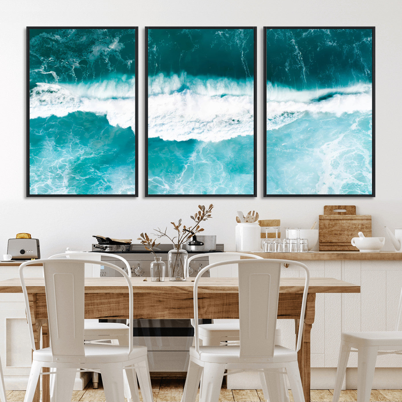 Aerial view of turquoise ocean waves crashing with white foam, perfect for tropical coastal or modern beach-style home decor.