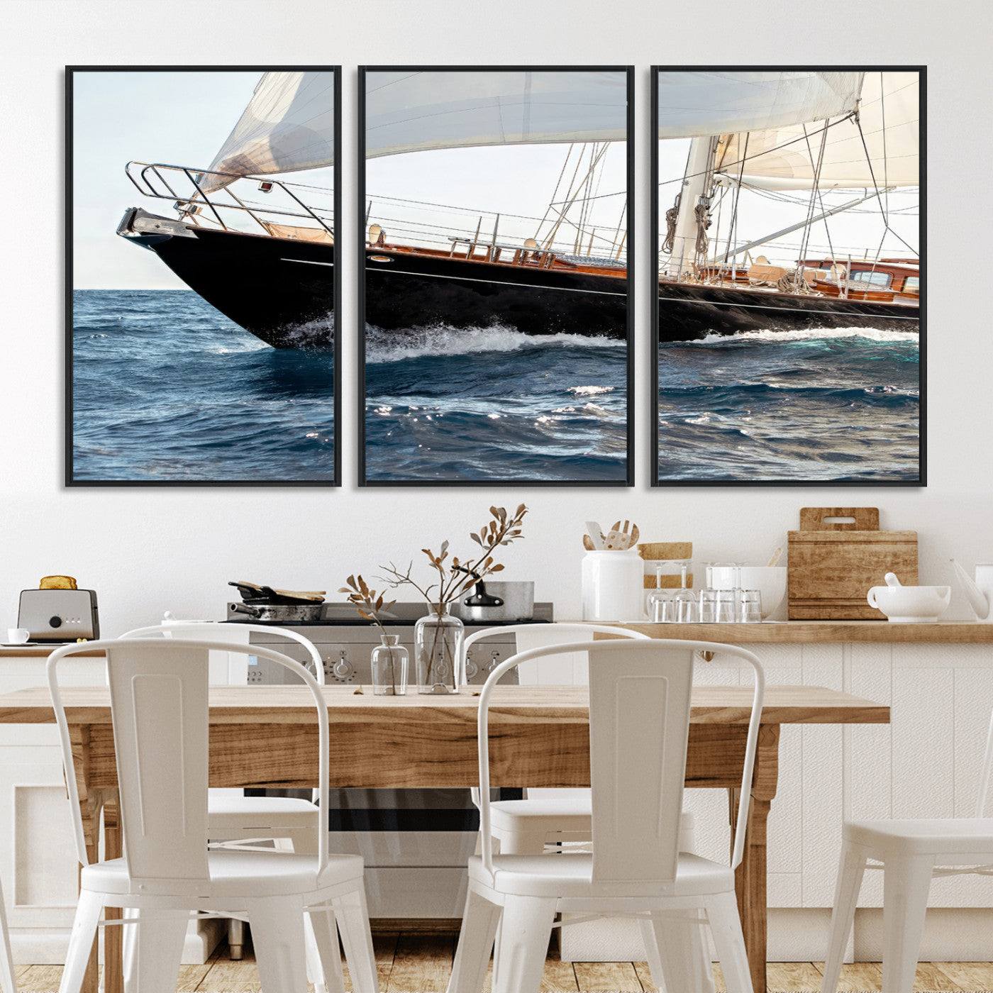 Close-up of a classic sailing yacht with wooden deck and full sails, perfect for nautical or coastal-style decor in ocean-themed spaces.