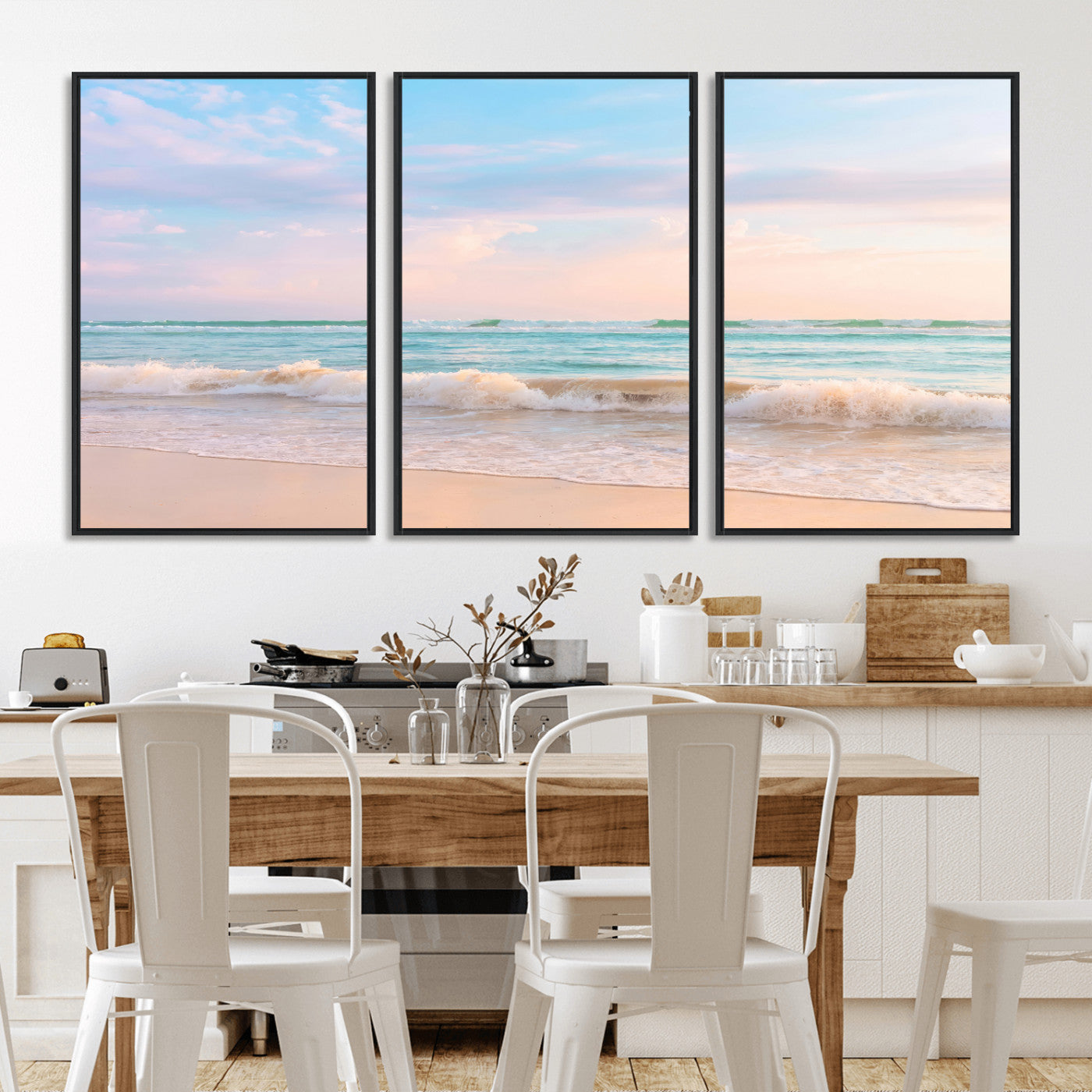 Pastel-toned ocean waves under soft sunset skies, ideal for pastel coastal or serene beach-style home decor.