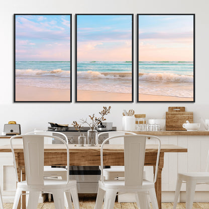 Pastel-toned ocean waves under soft sunset skies, ideal for pastel coastal or serene beach-style home decor.