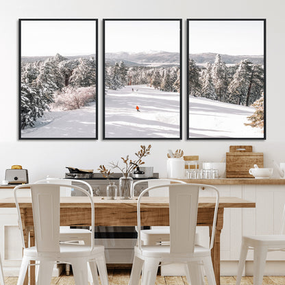 Bright ski trail lined with snow-covered pines and a skier in orange, perfect for alpine adventure or winter sports-inspired decor.