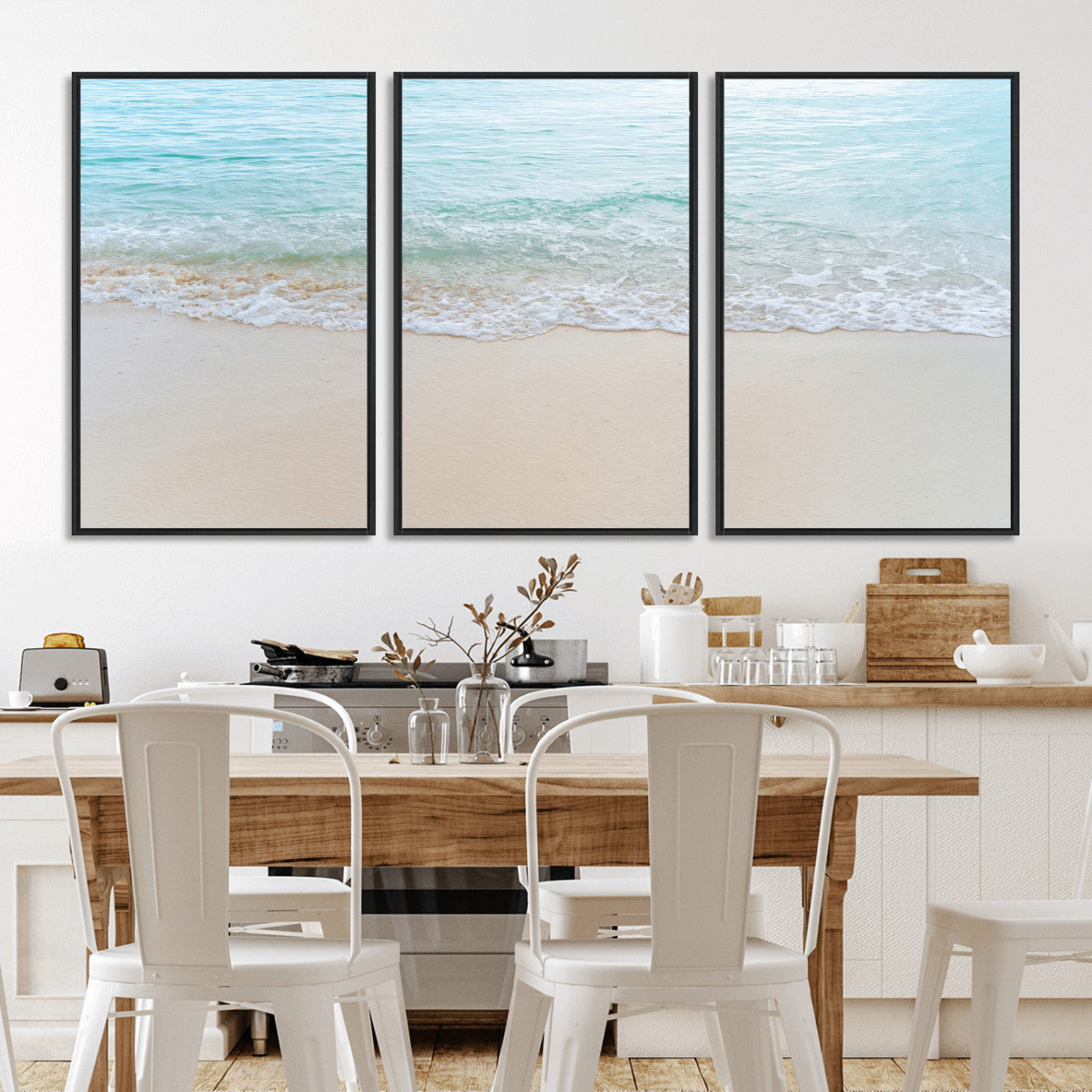 Soft shoreline with gentle aqua waves on smooth sand, ideal for minimalist coastal or pastel ocean-inspired home wall decor.