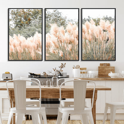 Soft pastel pampas grasses in a natural setting, ideal for neutral boho or rustic botanical-style interior wall decoration.