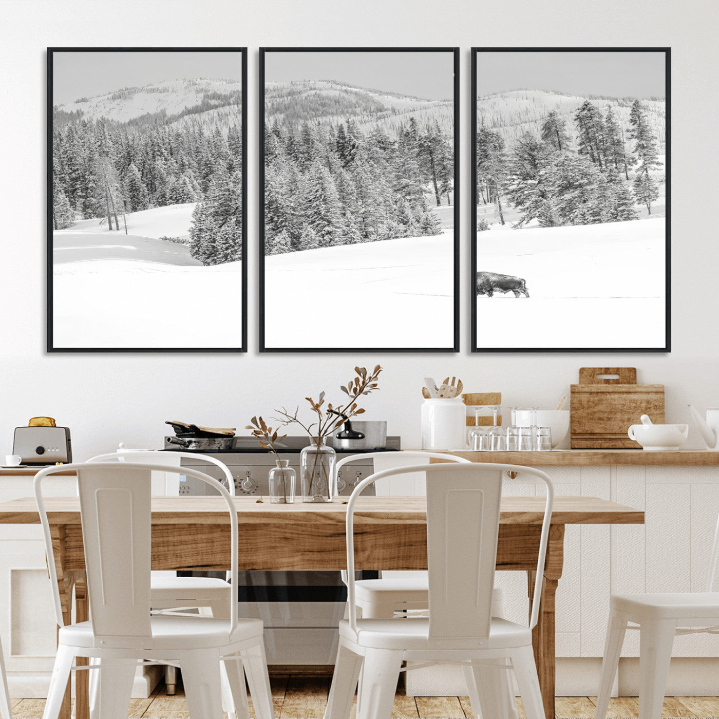 Snowy bison walking through white forest landscape, ideal for monochrome winter or wilderness-style interior wall decoration.