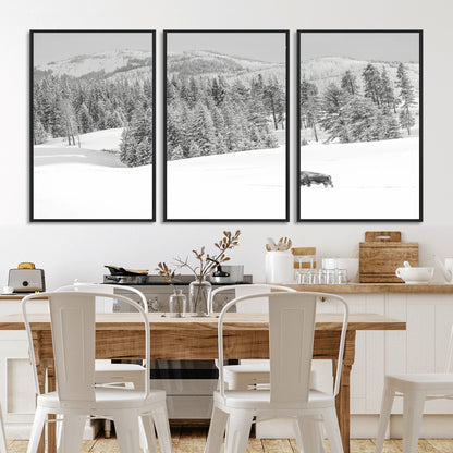 Snowy bison walking through white forest landscape, ideal for monochrome winter or wilderness-style interior wall decoration.