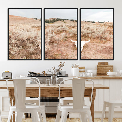 Rustic bull skull on dry sagebrush field under soft light, ideal for western minimal or desert prairie-style wall decoration.