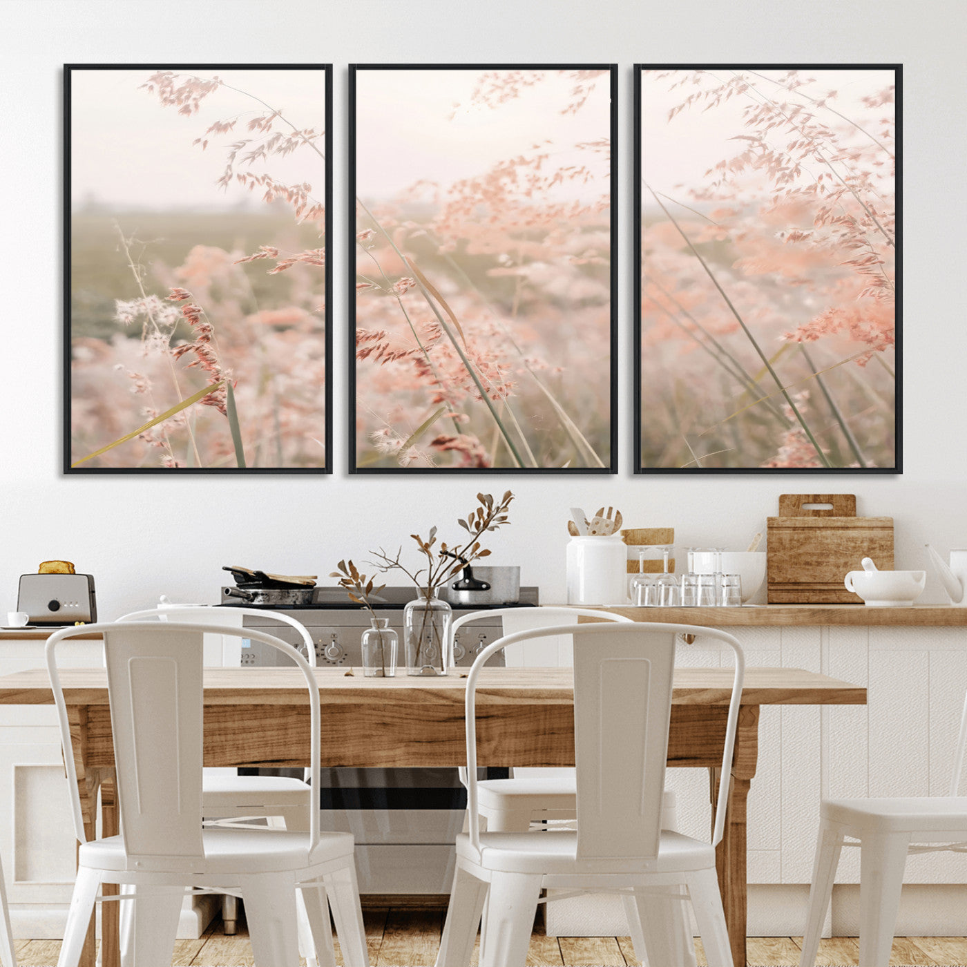 Soft pastel field with wild grasses in warm light, ideal for minimal nature or airy countryside-inspired interior wall decoration.