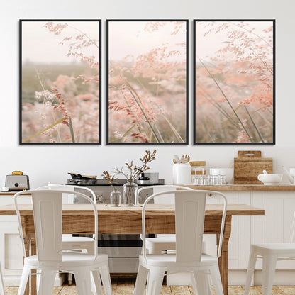Soft pastel field with wild grasses in warm light, ideal for minimal nature or airy countryside-inspired interior wall decoration.