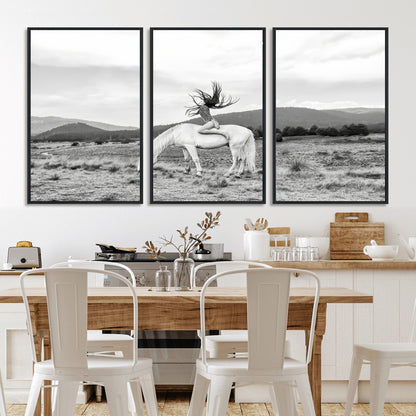 Black and white photo of a woman on a white horse in moody tones, ideal for Western Boho or modern rustic-style home decor.