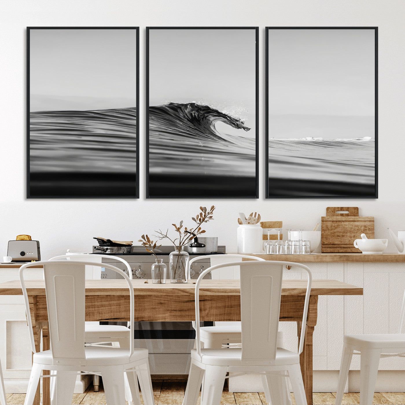 Striking black and white photo of a curling wave, ideal for modern coastal or minimalist wall decor settings.