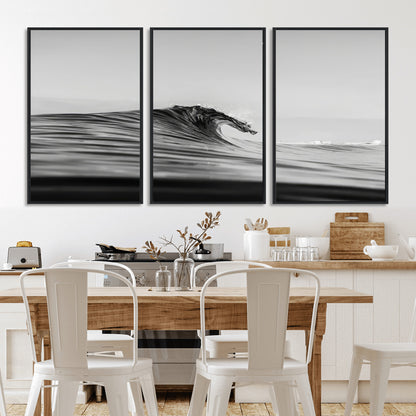 Striking black and white photo of a curling wave, ideal for modern coastal or minimalist wall decor settings.