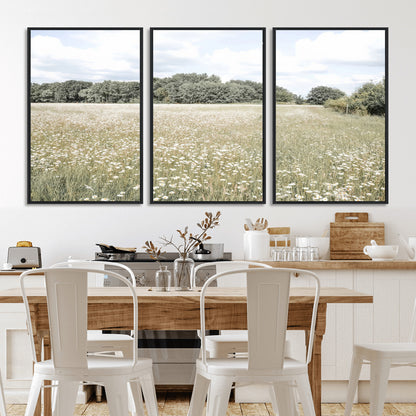 Soft-toned image of a wild daisy field under a cloudy sky, ideal for neutral or Scandinavian-inspired home decor.