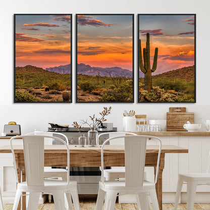 Vibrant desert sunset with saguaro cacti and distant mountains, perfect for Southwestern or warm-toned home decor.