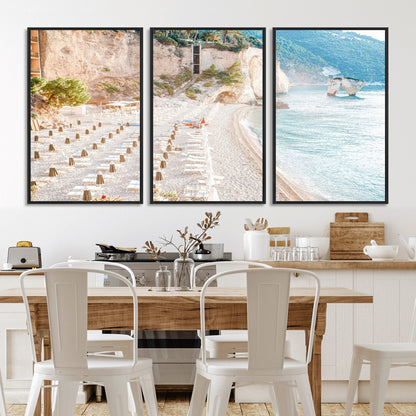 Wall art of a calm Mediterranean beach with rows of sun loungers and umbrellas in soft pastel tones, perfect for light coastal or vacation-themed decor.
