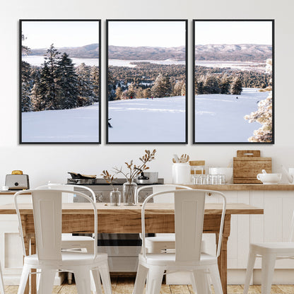 Canvas of a snowy mountain ski slope with pine trees and bright winter light, ideal for modern rustic or alpine-inspired home decor.