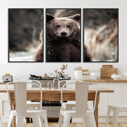 Canvas of a brown bear in soft earthy tones and moody forest light, ideal for rustic cabin or woodland nature-themed home decor.