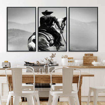 Black and white canvas of a cowboy on horseback with moody tones, perfect for rustic western or country-inspired home decor.