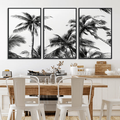 Black and white canvas of tall palm trees in moody tones, perfect for modern tropical minimalist or coastal-style home decor.