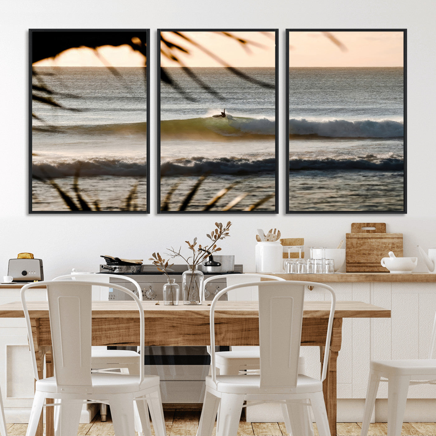 Photo of a surfer riding a golden hour wave at sunset, with tropical tones and dreamy light, perfect for tropical boho or coastal home decor.