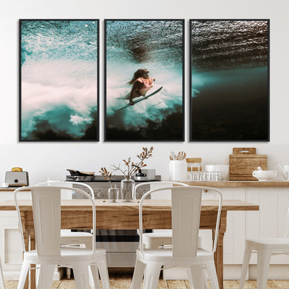 Vibrant underwater photo of a female surfer diving through turquoise waves, perfect for coastal boho or surf-inspired home decor.
