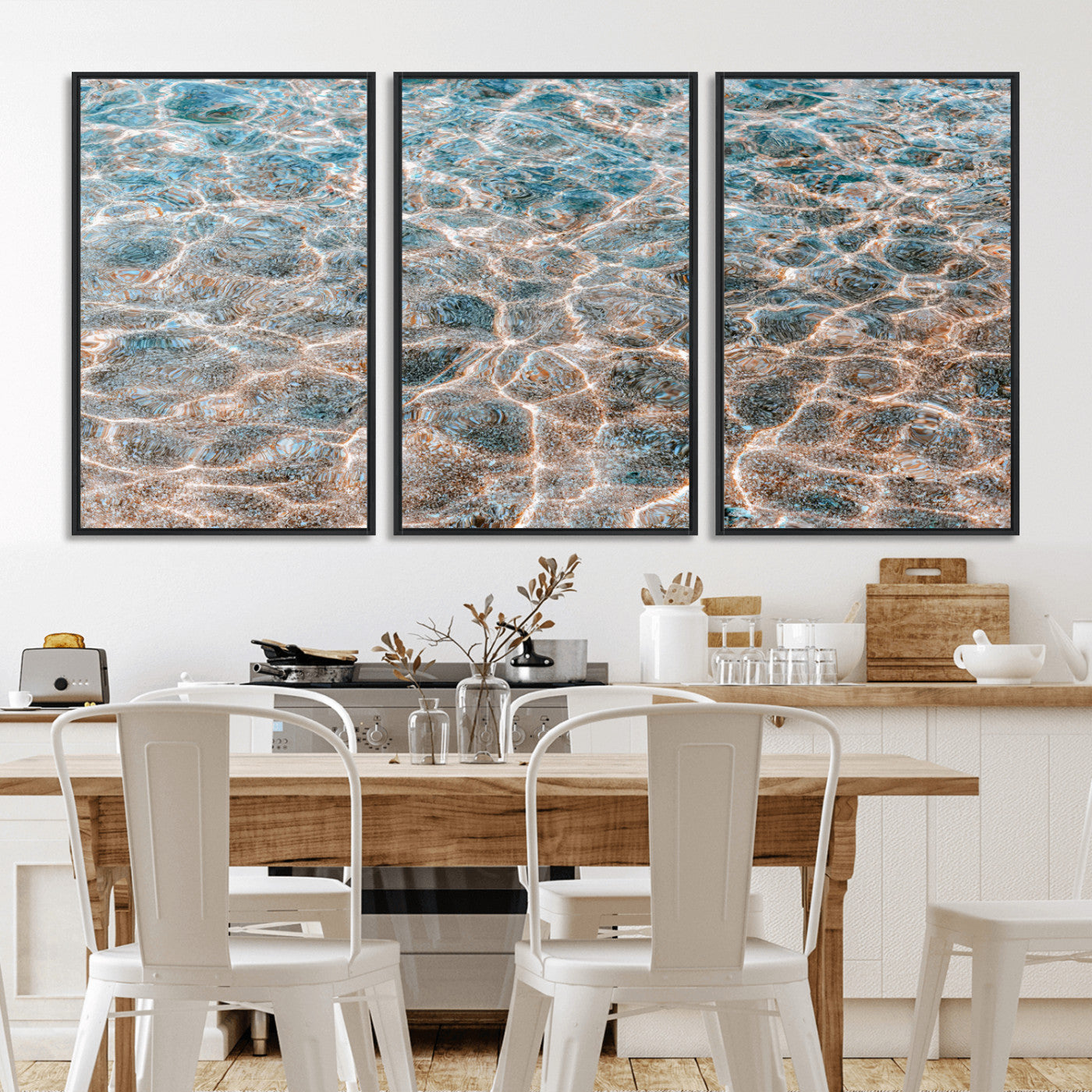 Close-up of sunlit ocean ripples with aqua blue and golden tones, ideal for modern coastal or minimalist home decor.