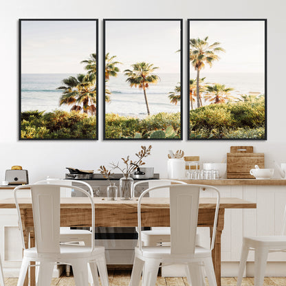 Framed print of sunlit palm trees on the California coast with warm tones, perfect for coastal minimalist or beach-style home decor.