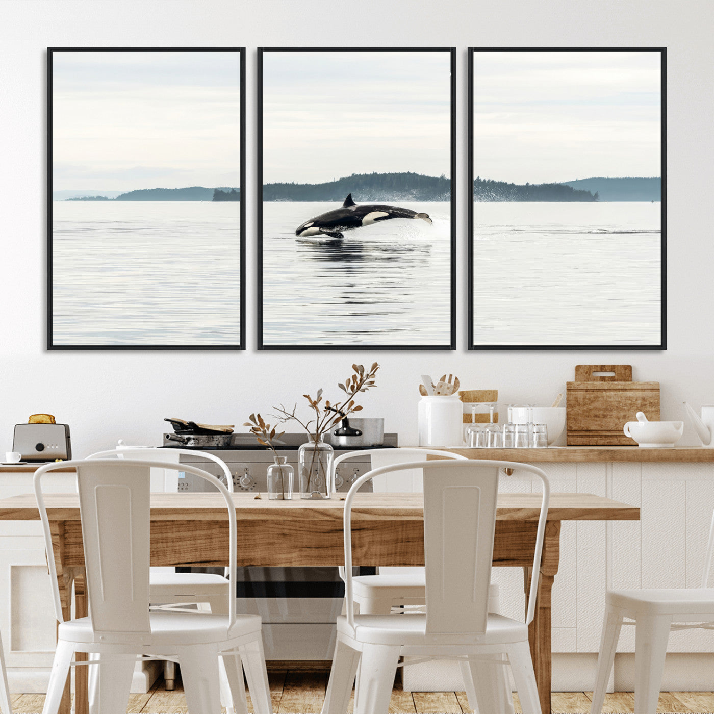 An orca jumping out of calm ocean waters with a misty island in the background, creating a serene and minimalist marine wildlife scene.