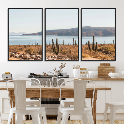 Warm desert landscape with cacti and coastal mountains, perfect for southwestern or earthy calm-themed home wall decor.