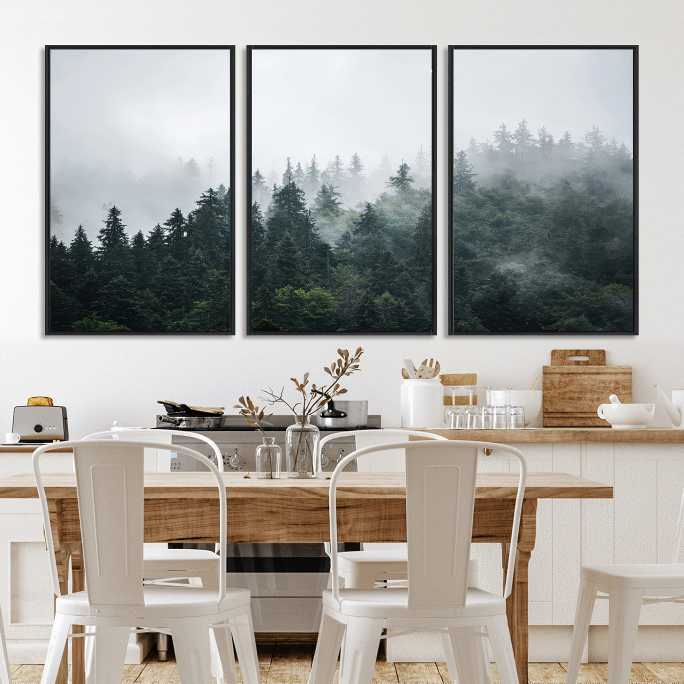 A misty evergreen forest shrouded in soft fog, creating a tranquil and moody landscape with lush green trees fading into the distance.