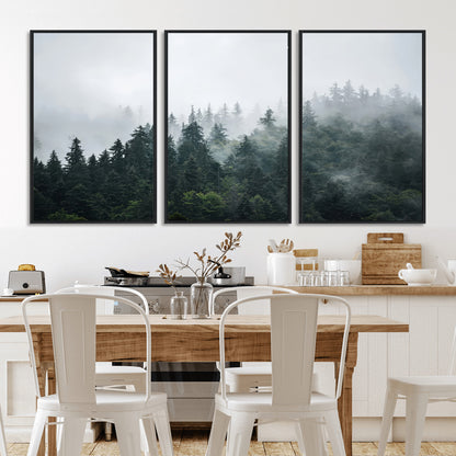 A misty evergreen forest shrouded in soft fog, creating a tranquil and moody landscape with lush green trees fading into the distance.