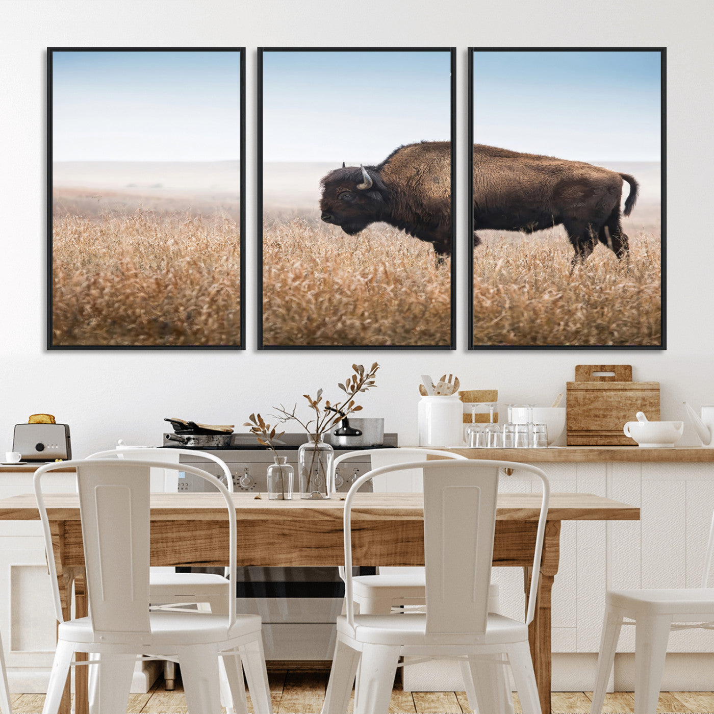 A majestic bison standing in an open prairie field, its strong form blending into the golden grass under a vast blue sky, evoking the wild spirit of the American plains.