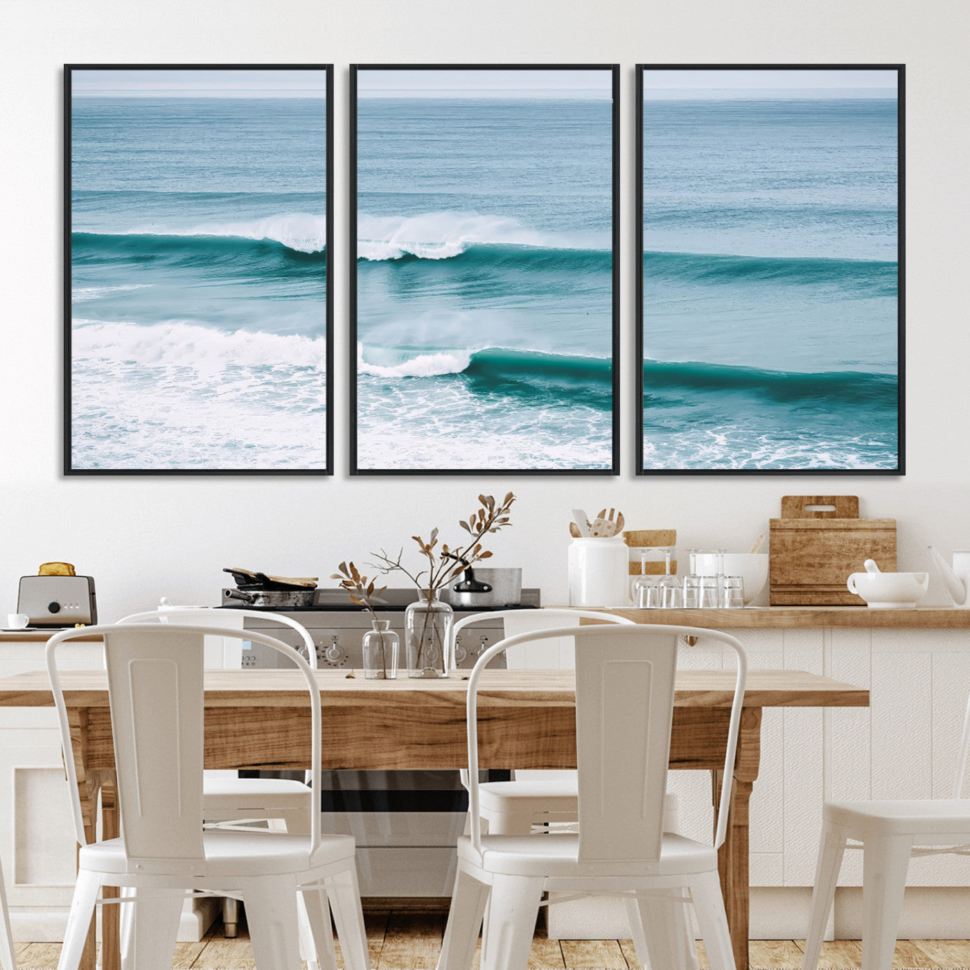 Powerful ocean waves rolling towards the shore, their turquoise hues blending with white sea foam under an open horizon, capturing the essence of the ocean's movement.