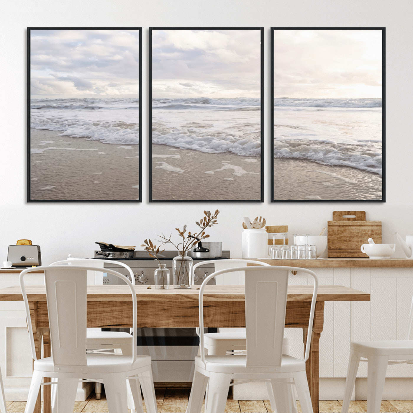 Peaceful ocean waves rolling onto the sandy shore under soft light, perfect for neutral or coastal minimalist decor themes.