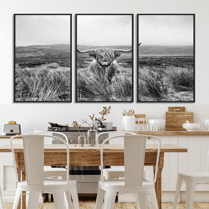 A black and white portrait of a Highland cow in a foggy Scottish countryside, capturing a rustic aesthetic and tranquil farm escape.