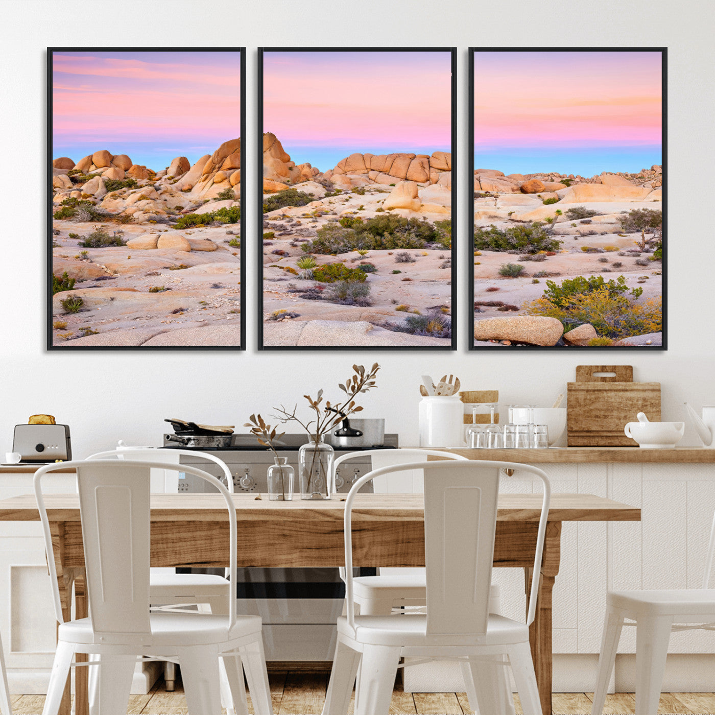 A breathtaking desert landscape featuring rugged rock formations under a vibrant pastel sunset sky, capturing the warmth and serenity of a Southwestern wilderness.