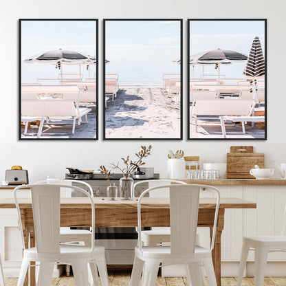 A serene minimalist beach scene featuring striped umbrellas, soft pastel sand, and an elegant lounge setup, creating a tranquil and stylish coastal retreat.