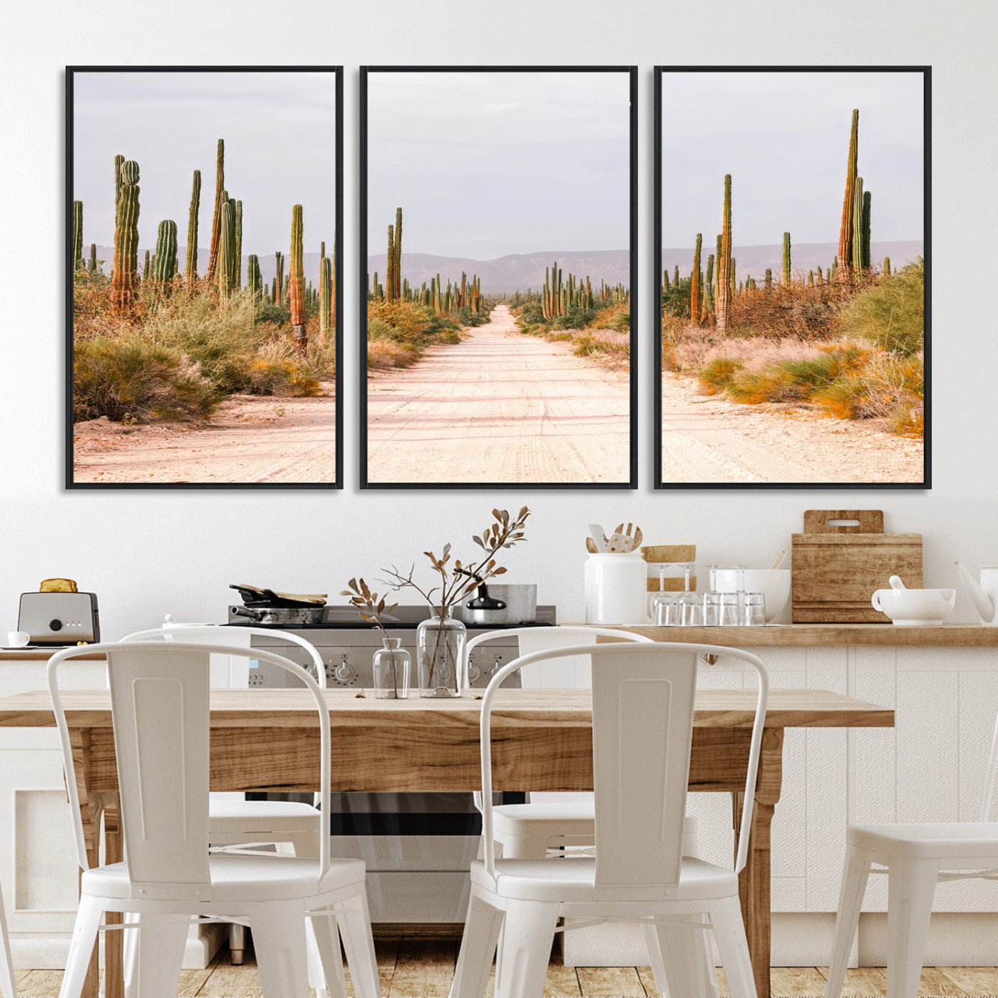 A desert road lined with saguaro cacti under a golden sky, creating a warm southwestern feel, perfect for boho or rustic decor.