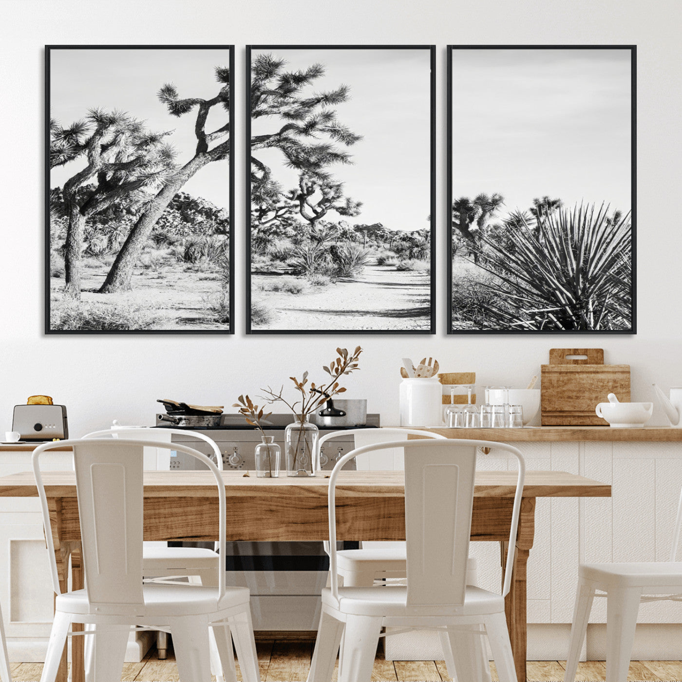 Canvas of a Joshua Tree forest in black and white tones, featuring a desert path and spiky vegetation, ideal for minimalist or rustic decor.