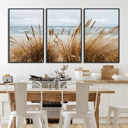 Canvas of golden beach grass swaying by the ocean under a soft cloudy sky, perfect for neutral-toned or coastal minimalist decor.