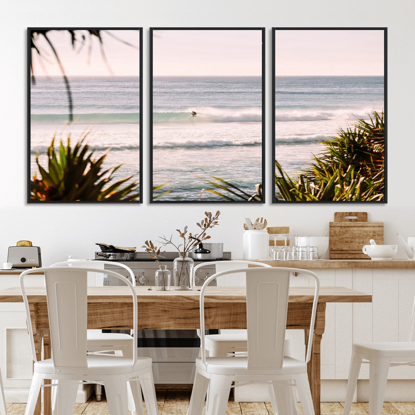 Canvas of a lone surfer riding a pastel wave at sunrise, perfect for tropical or coastal-themed spaces with a relaxed, airy vibe.
