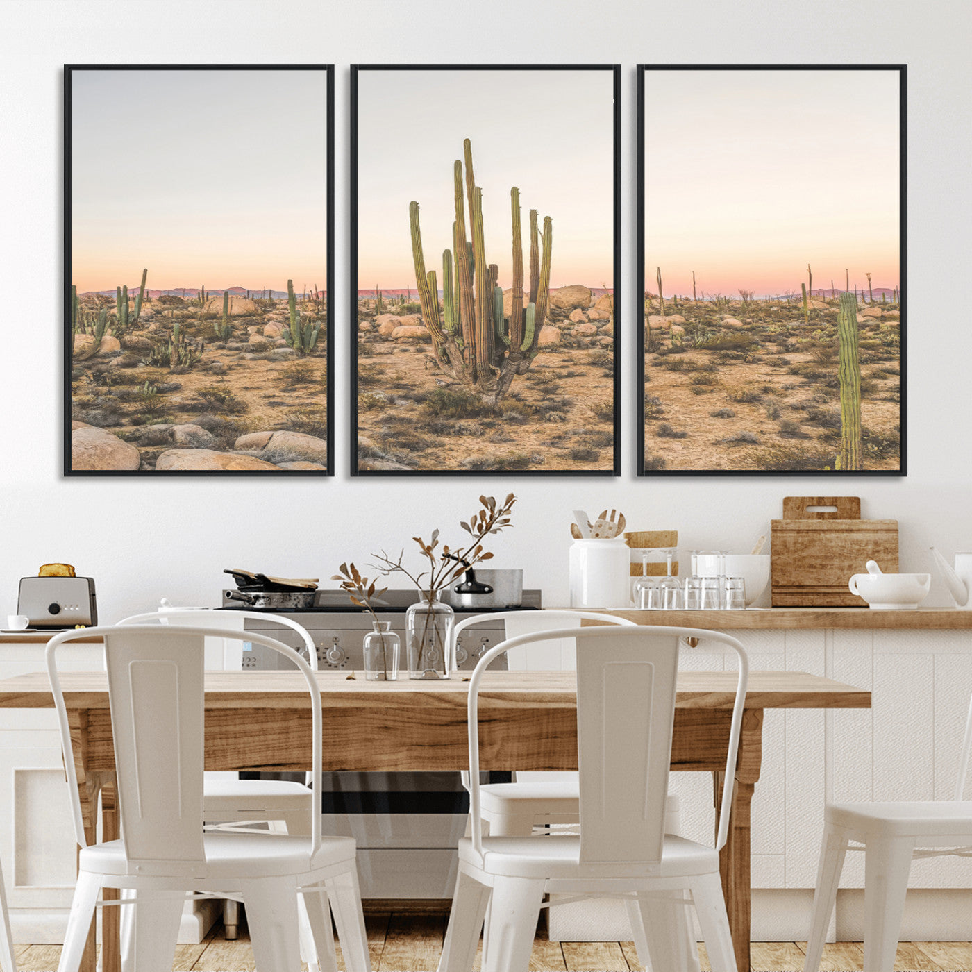 Canvas of tall desert cacti in warm sunset tones over a rocky Baja landscape, ideal for earthy or Southwestern-style home decor.